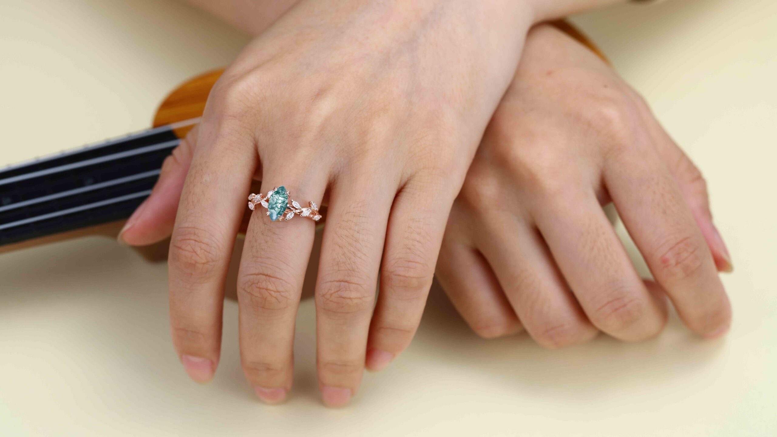 Marquise Cut Nature Inspired Moss Agate Ring Marquise Diamond In 14K Gold Branch Design Ring