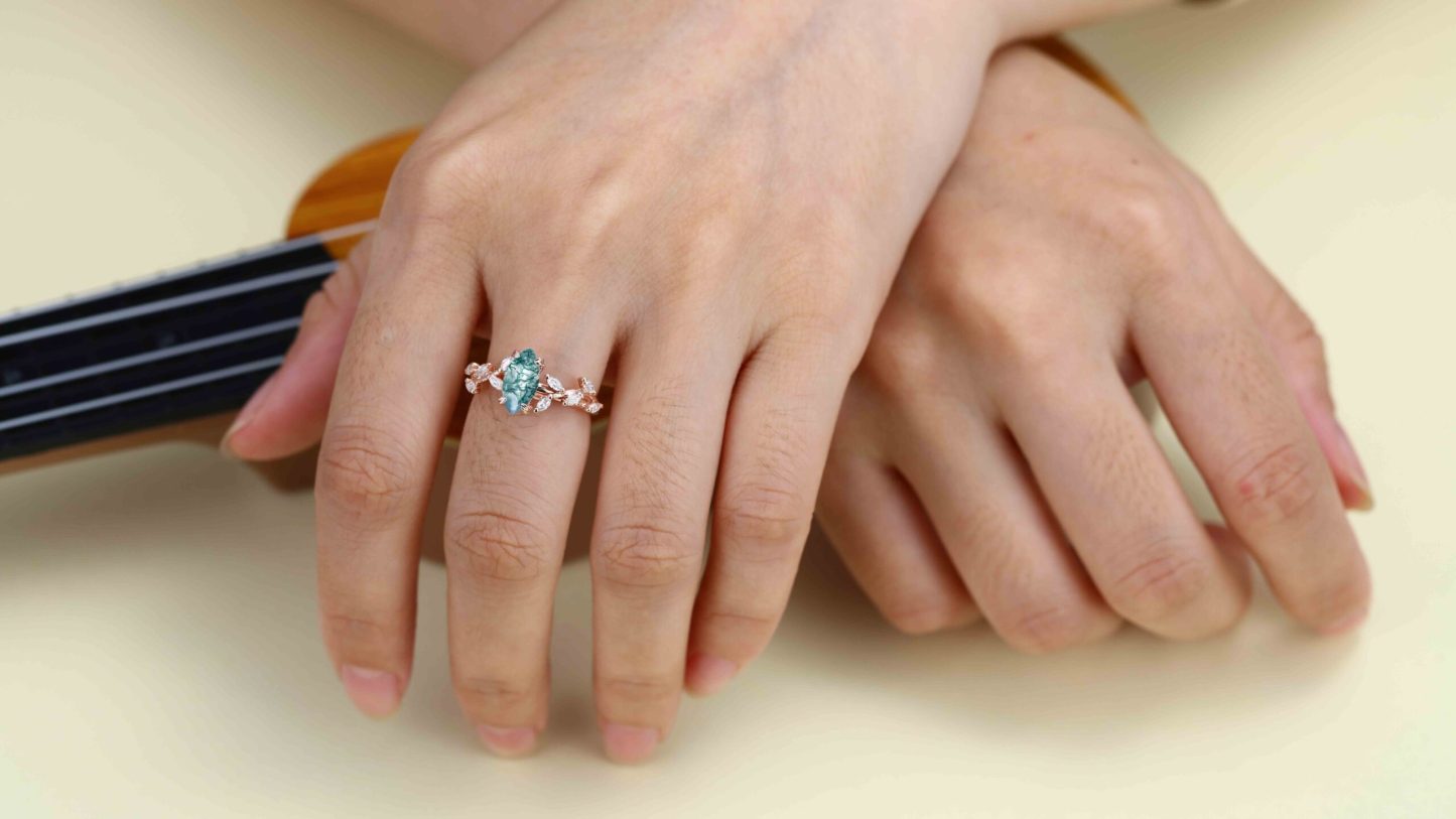 Marquise Cut Nature Inspired Moss Agate Ring Marquise Diamond In 14K Gold Branch Design Ring