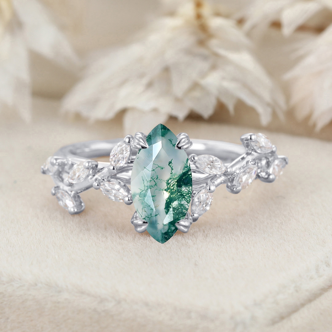 Marquise Cut Nature Inspired Moss Agate Ring Marquise Diamond In 14K Gold Branch Design Ring
