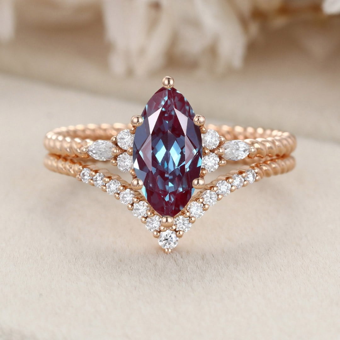 Marquise Lab Alexandrite engagement ring set Unique Vintage Rose gold engagement ring Swist ring Bridal Promise Anniversary gift