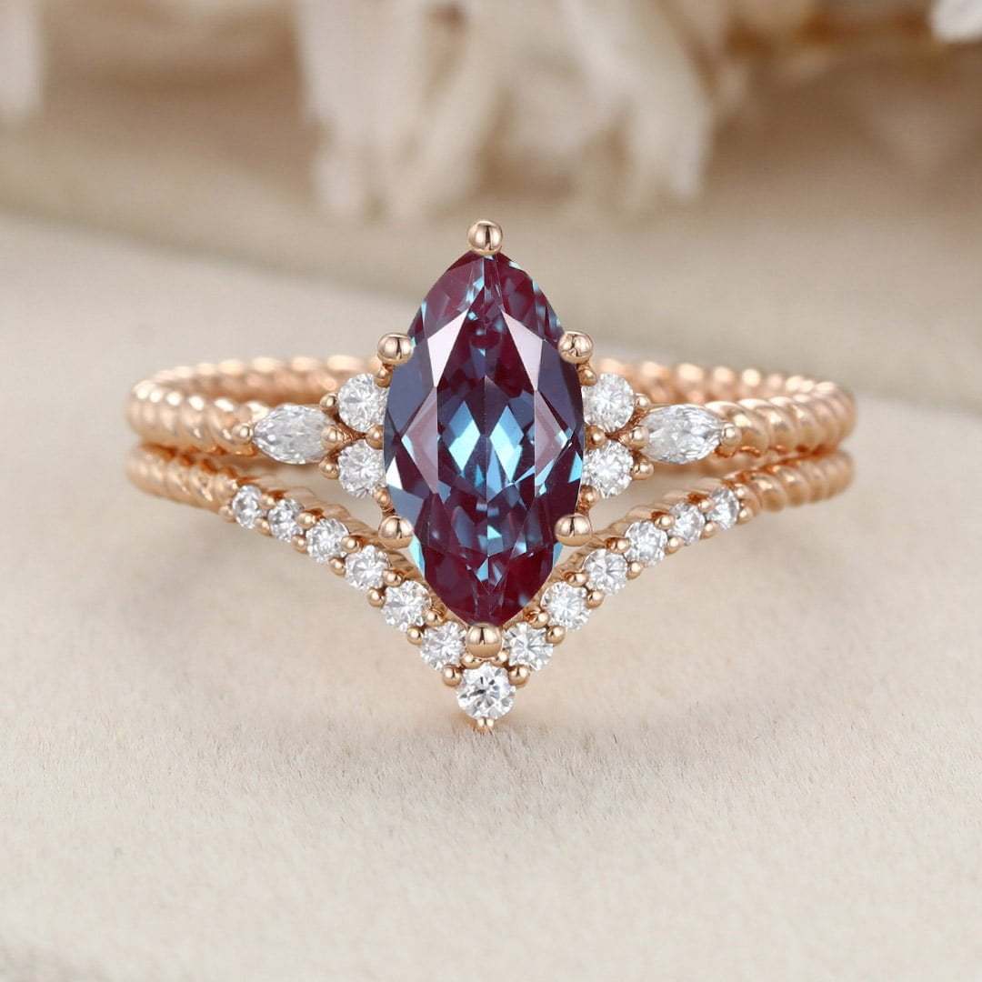 Marquise Lab Alexandrite engagement ring set Unique Vintage Rose gold engagement ring Swist ring Bridal Promise Anniversary gift