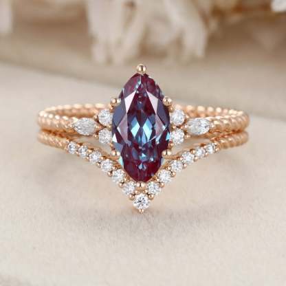 Marquise Lab Alexandrite engagement ring set Unique Vintage Rose gold engagement ring Swist ring Bridal Promise Anniversary gift
