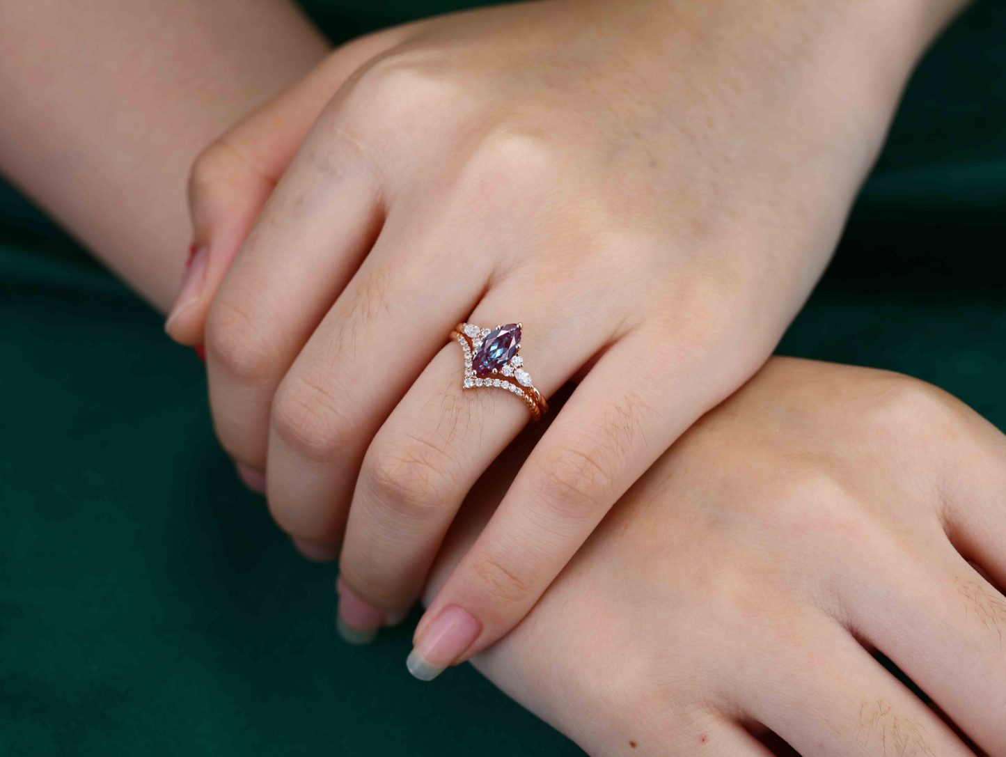 Marquise Lab Alexandrite engagement ring set Unique Vintage Rose gold engagement ring Swist ring Bridal Promise Anniversary gift
