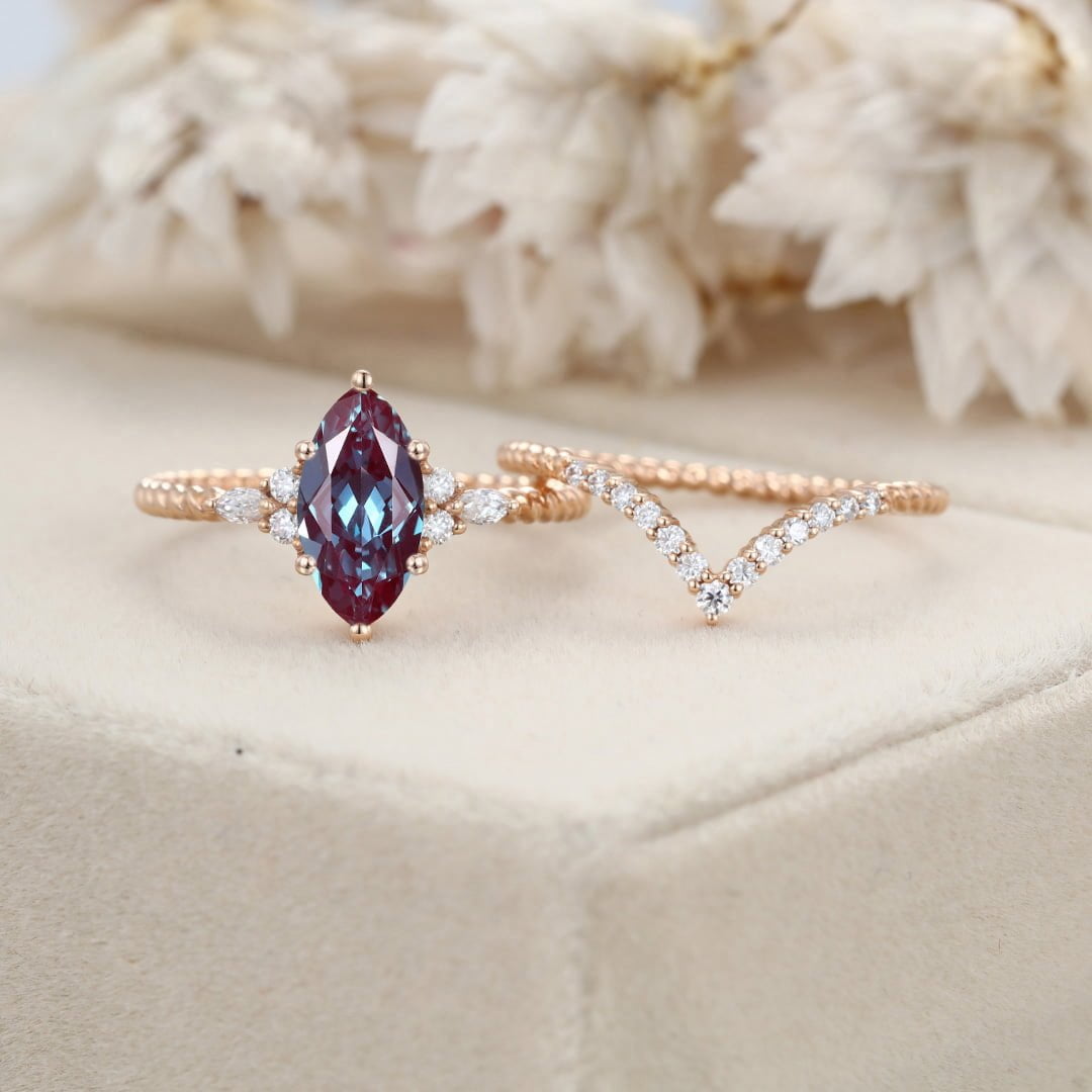 Marquise Lab Alexandrite engagement ring set Unique Vintage Rose gold engagement ring Swist ring Bridal Promise Anniversary gift