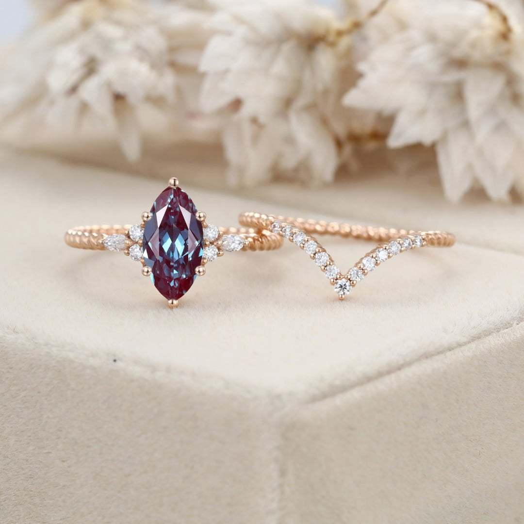 Marquise Lab Alexandrite engagement ring set Unique Vintage Rose gold engagement ring Swist ring Bridal Promise Anniversary gift