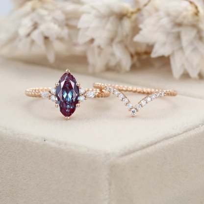 Marquise Lab Alexandrite engagement ring set Unique Vintage Rose gold engagement ring Swist ring Bridal Promise Anniversary gift