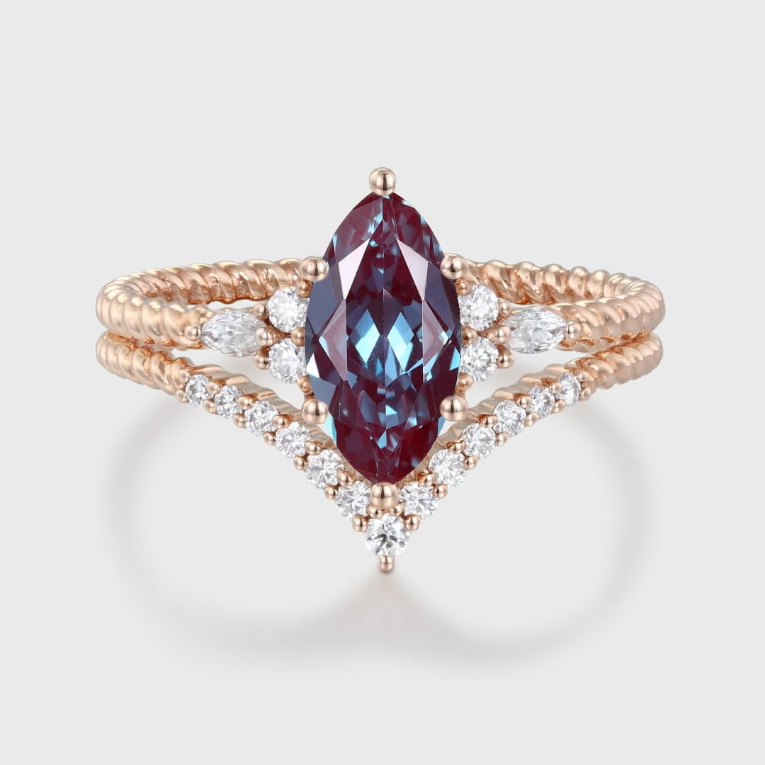 Marquise Lab Alexandrite engagement ring set Unique Vintage Rose gold engagement ring Swist ring Bridal Promise Anniversary gift