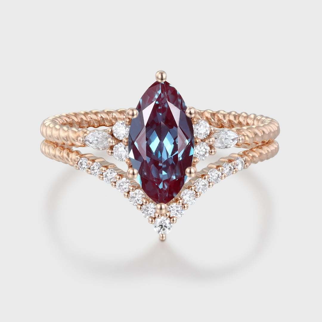 Marquise Lab Alexandrite engagement ring set Unique Vintage Rose gold engagement ring Swist ring Bridal Promise Anniversary gift