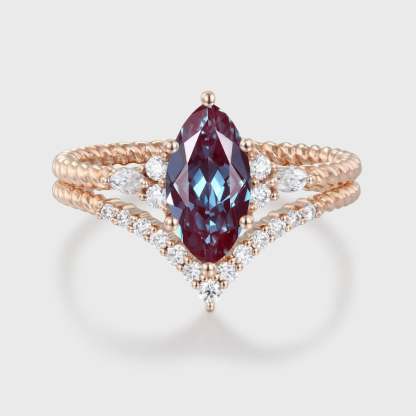 Marquise Lab Alexandrite engagement ring set Unique Vintage Rose gold engagement ring Swist ring Bridal Promise Anniversary gift