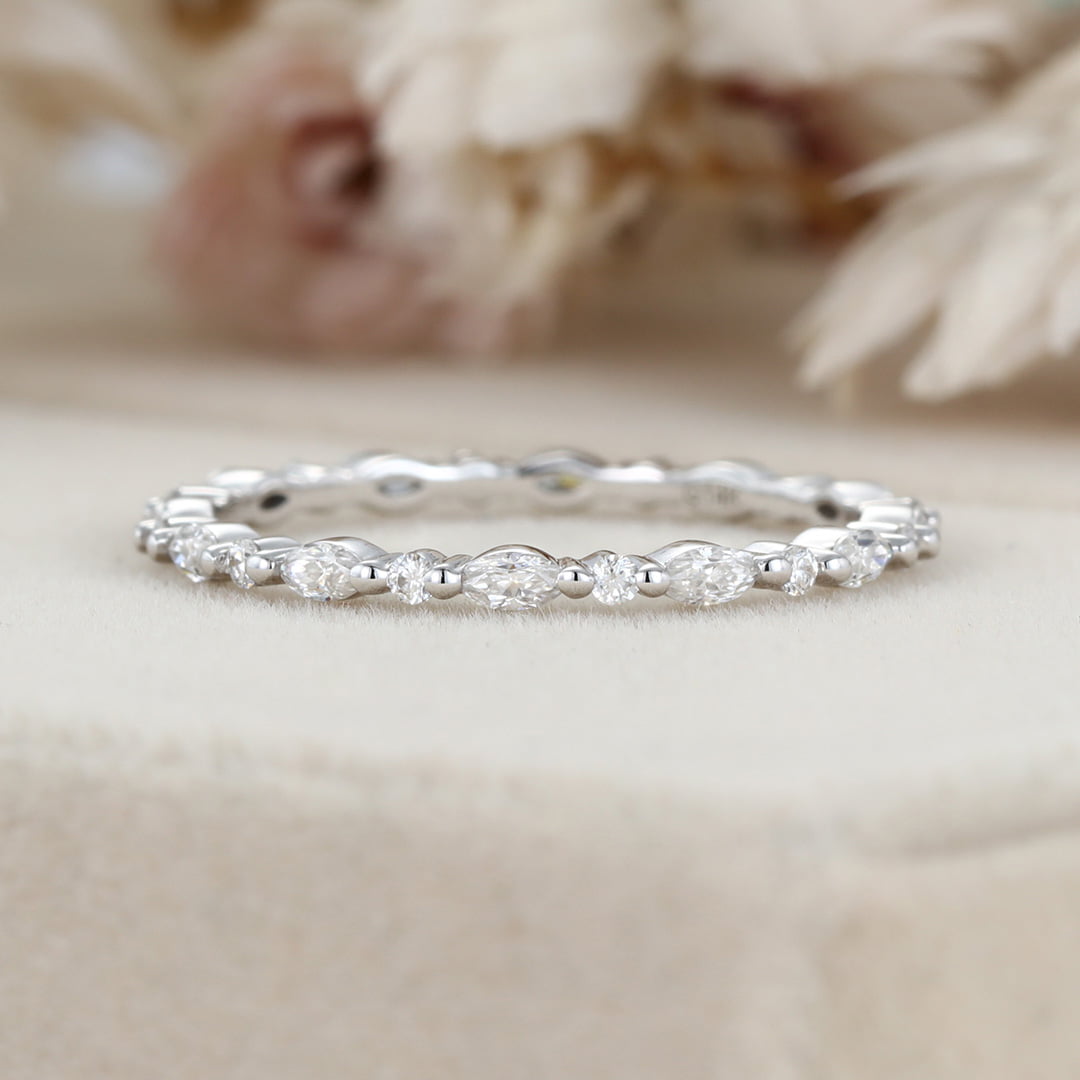 Marquise Moissanite Wedding Band Unique 14K White Gold Eternity Matching Stacking Bridal Promise Gift For Her