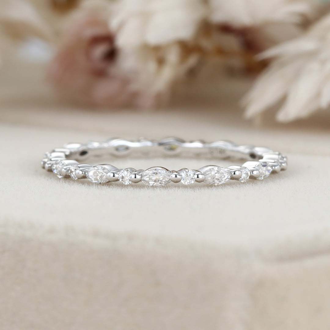 Marquise Moissanite Wedding Band Unique 14K White Gold Eternity Matching Stacking Bridal Promise Gift For Her
