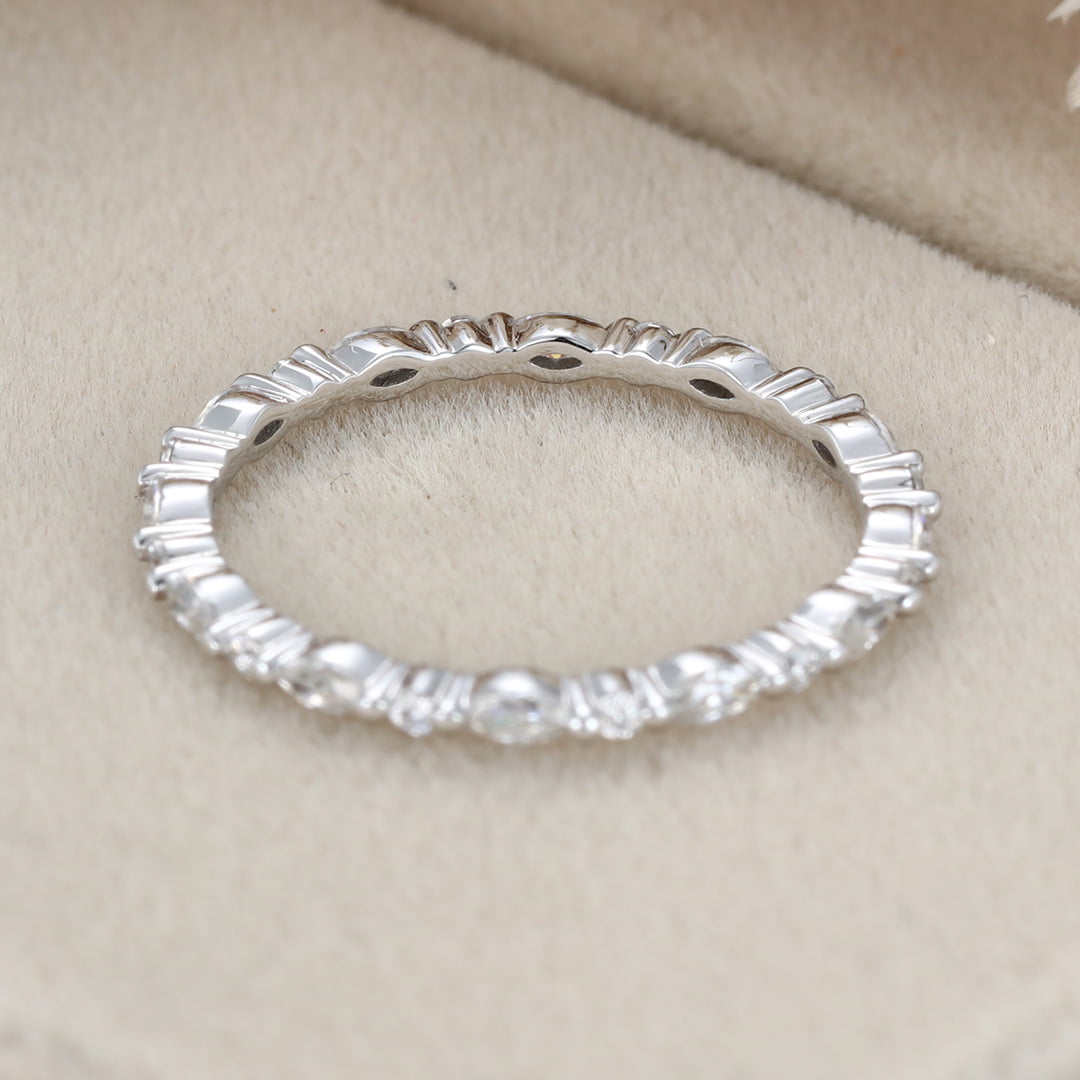 Marquise Moissanite Wedding Band Unique 14K White Gold Eternity Matching Stacking Bridal Promise Gift For Her