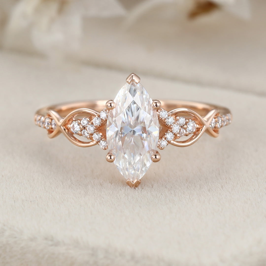 Vintage Marquise Cut Moissanite Twist Engagement Ring Unique In 14k Rose Gold