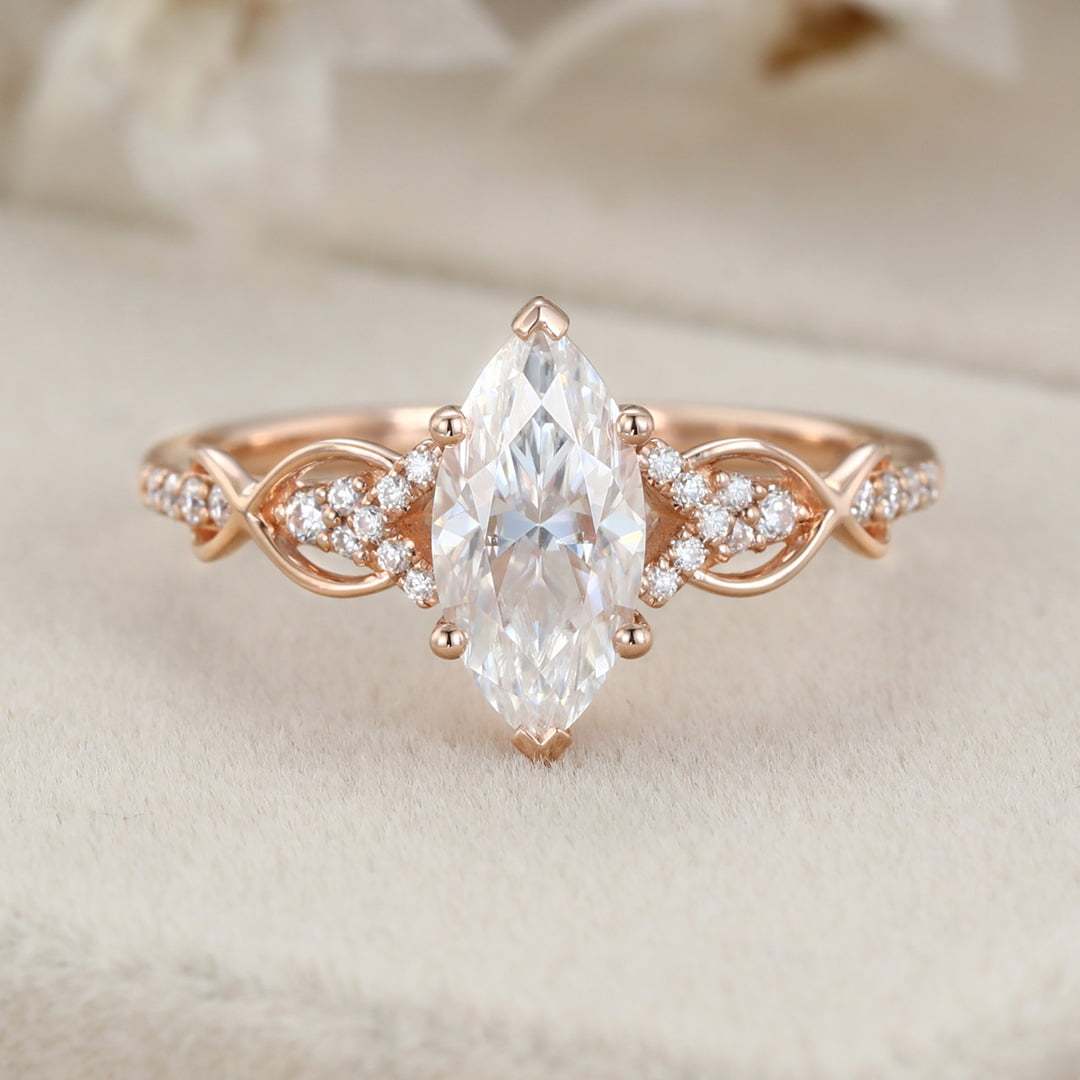Vintage Marquise Cut Moissanite Twist Engagement Ring Unique In 14k Rose Gold
