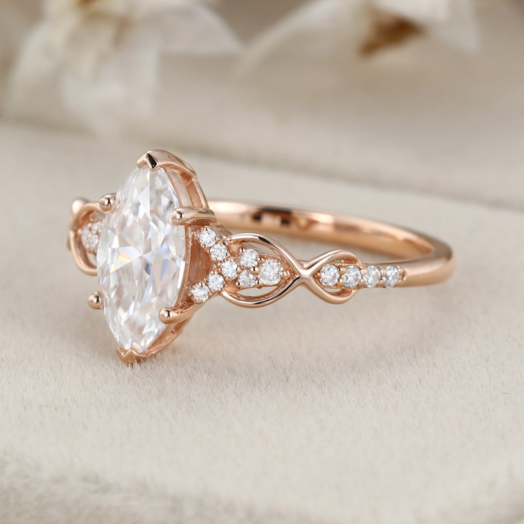 Vintage Marquise Cut Moissanite Twist Engagement Ring Unique In 14k Rose Gold