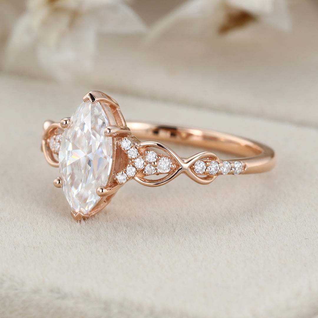 Vintage Marquise Cut Moissanite Twist Engagement Ring Unique In 14k Rose Gold