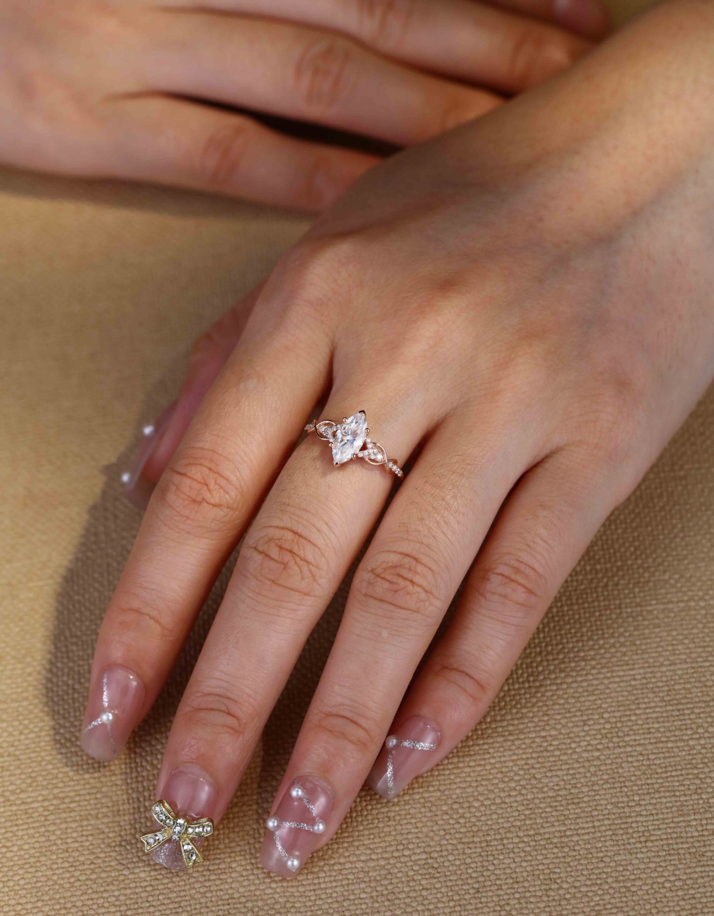 Vintage Marquise Cut Moissanite Twist Engagement Ring Unique In 14k Rose Gold