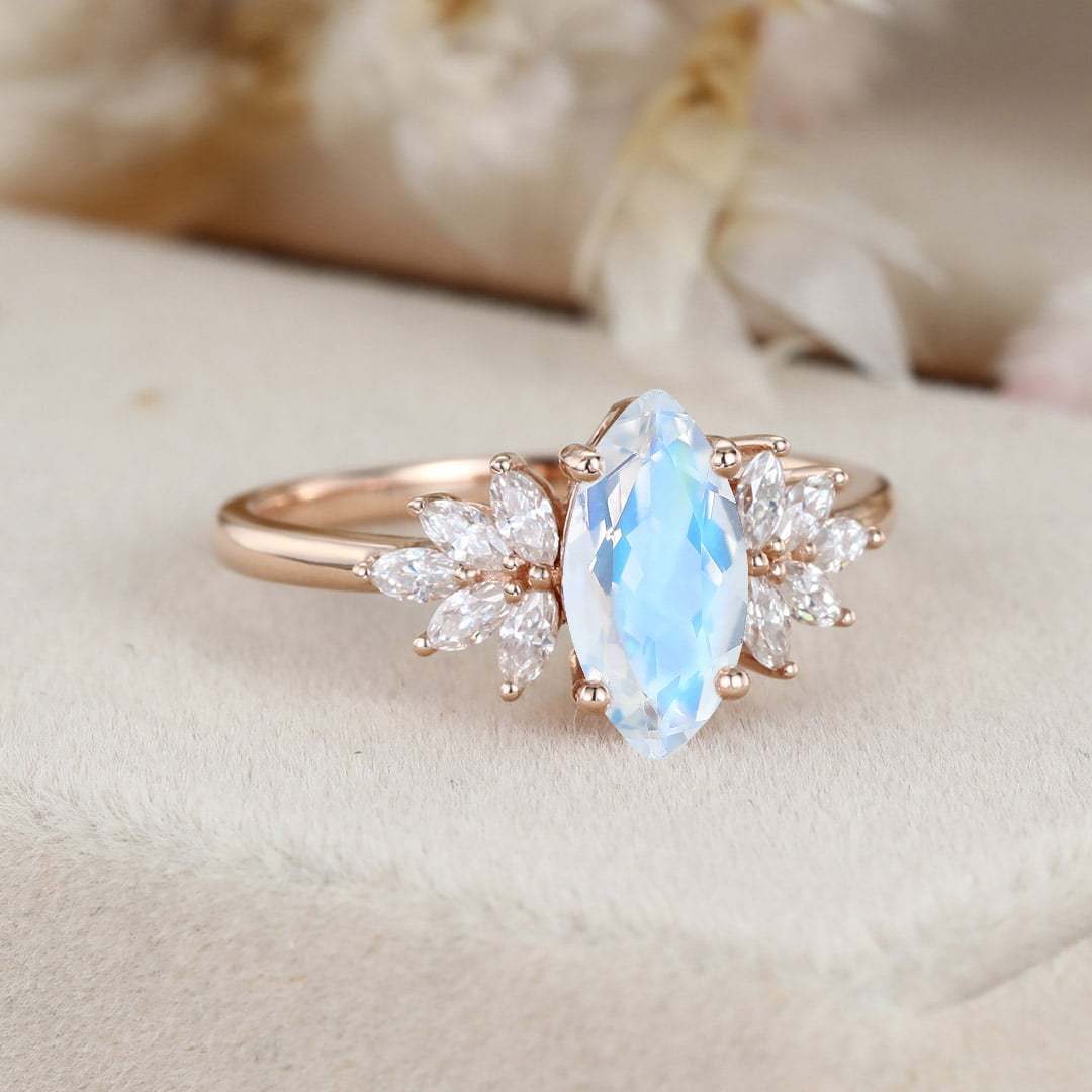 Marquise Moonstone engagement ring vintage Unique Cluster Rose gold moissanite engagement ring women Marquise cut diamond Anniversary gift
