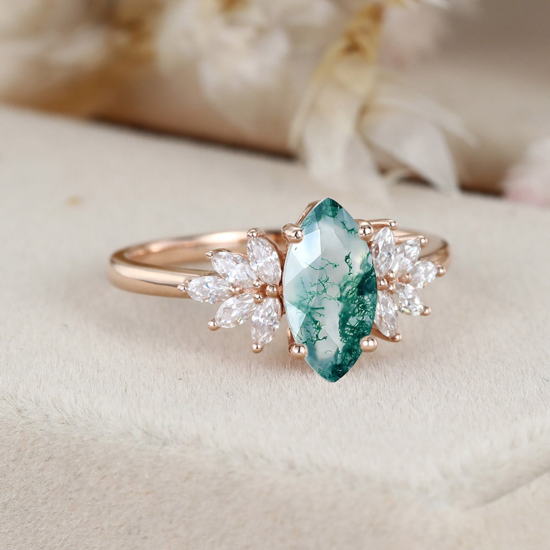 Marquise Moss Agate Engagement Ring Solid Rose Gold Wedding Ring Marquise Moissanite Ring Diamond Cluster Ring Promise Anniversary Gift ring