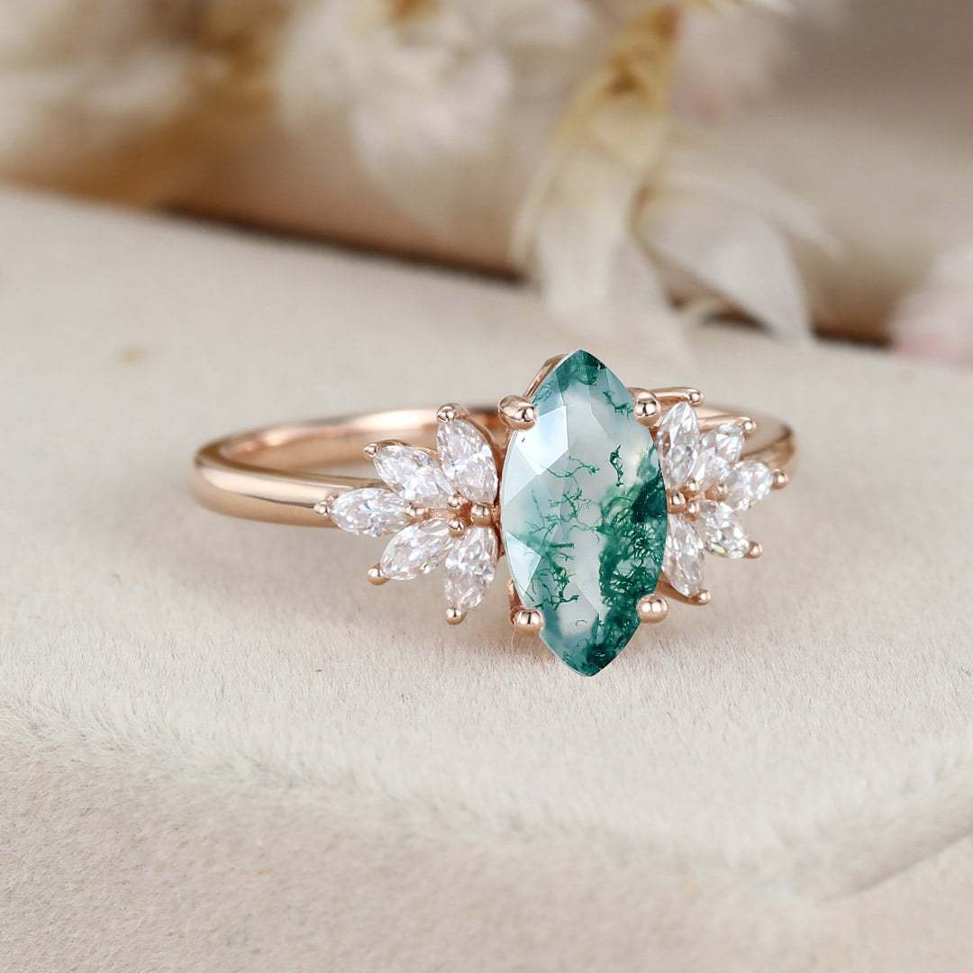 Marquise Moss Agate Engagement Ring Solid Rose Gold Wedding Ring Marquise Moissanite Ring Diamond Cluster Ring Promise Anniversary Gift ring