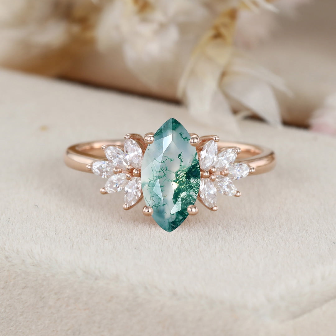 Marquise Moss Agate Engagement Ring Solid Rose Gold Wedding Ring Marquise Moissanite Ring Diamond Cluster Ring Promise Anniversary Gift ring