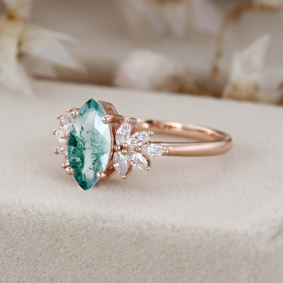 Marquise Moss Agate Engagement Ring Solid Rose Gold Wedding Ring Marquise Moissanite Ring Diamond Cluster Ring Promise Anniversary Gift ring