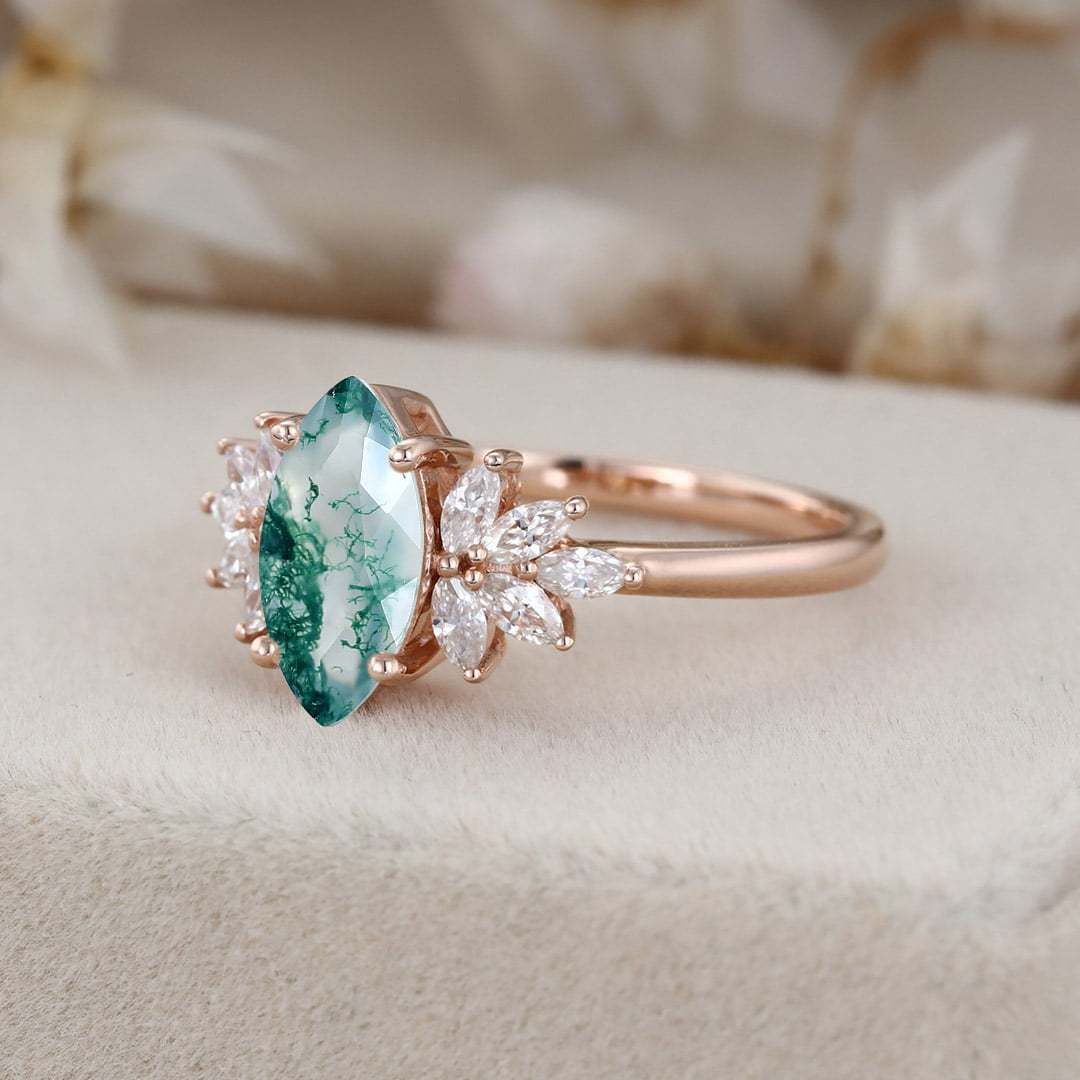 Marquise Moss Agate Engagement Ring Solid Rose Gold Wedding Ring Marquise Moissanite Ring Diamond Cluster Ring Promise Anniversary Gift ring