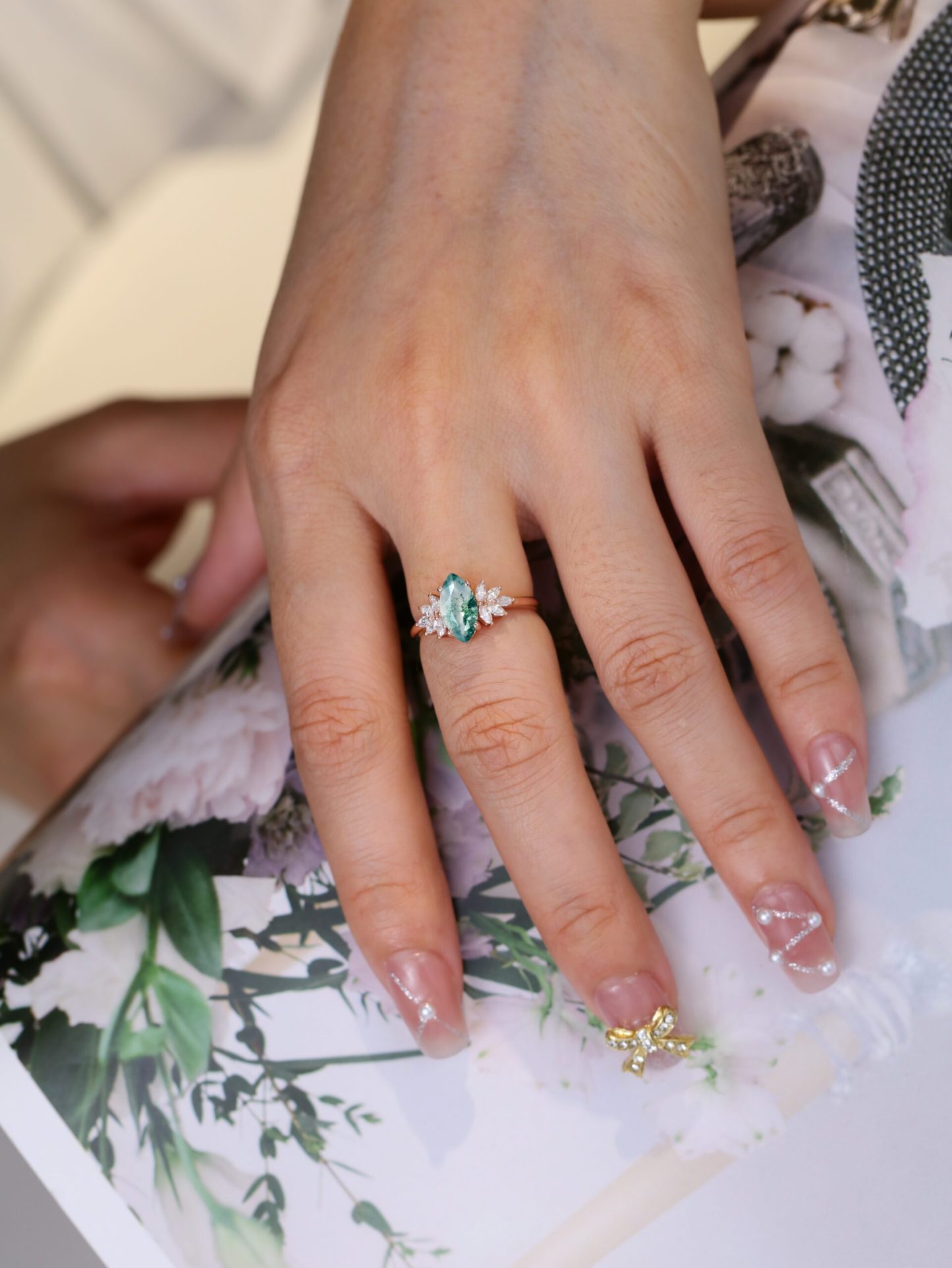 Marquise Moss Agate Engagement Ring Solid Rose Gold Wedding Ring Marquise Moissanite Ring Diamond Cluster Ring Promise Anniversary Gift ring