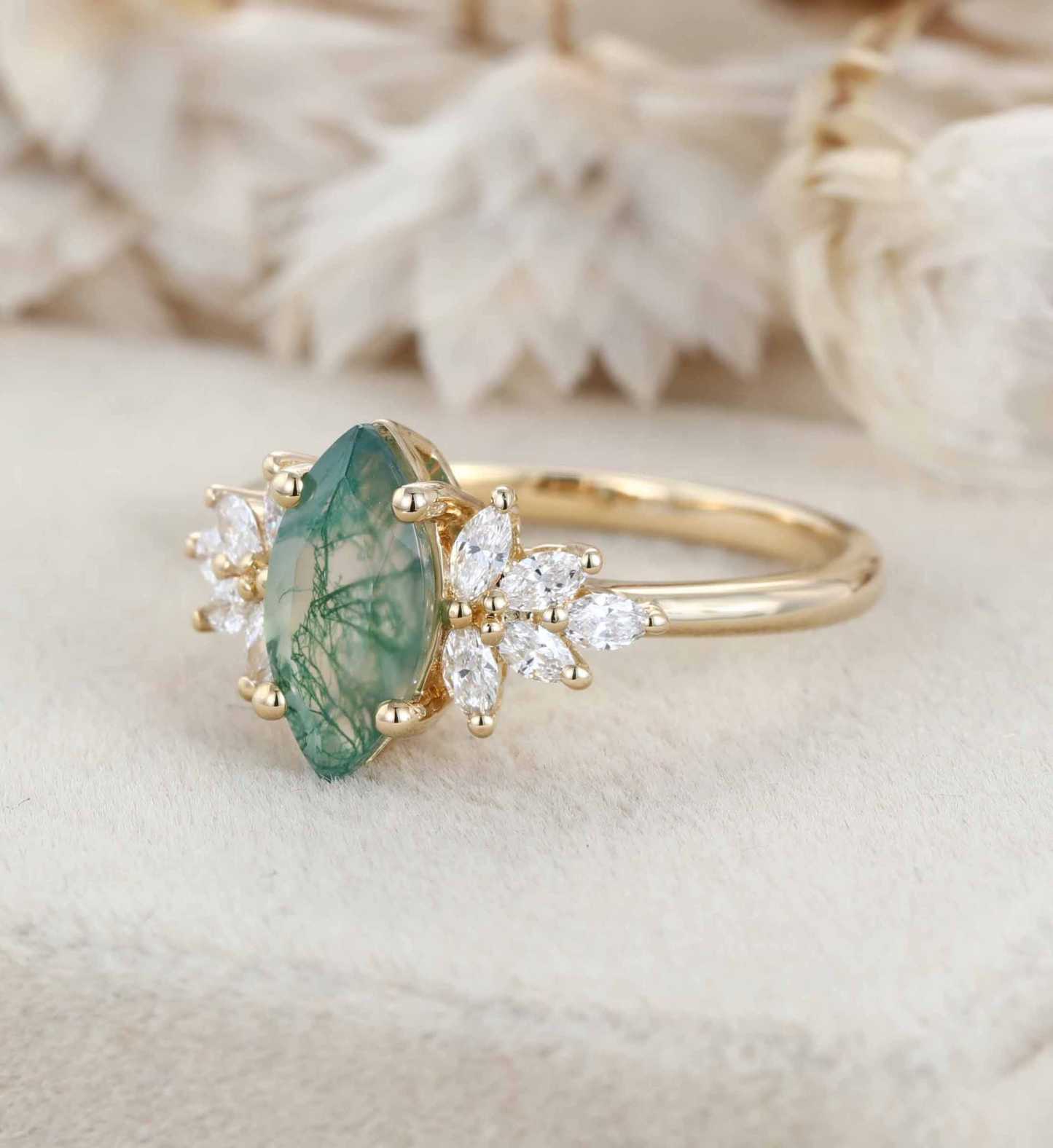 Marquise Moss Agate Engagement Ring Vintage Cluster Diamond Engagement Ring Rose Gold Art Deco Ring Bridal Promise Anniversary Gift For Her