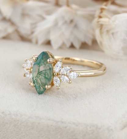 Marquise Moss Agate Engagement Ring Vintage Cluster Diamond Engagement Ring Rose Gold Art Deco Ring Bridal Promise Anniversary Gift For Her
