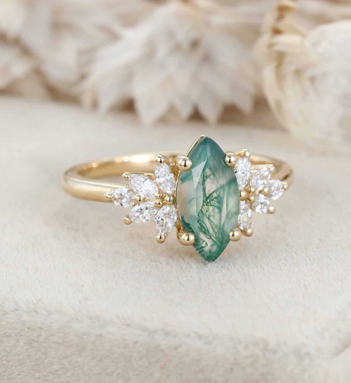 Marquise Moss Agate Engagement Ring Vintage Cluster Diamond Engagement Ring Rose Gold Art Deco Ring Bridal Promise Anniversary Gift For Her
