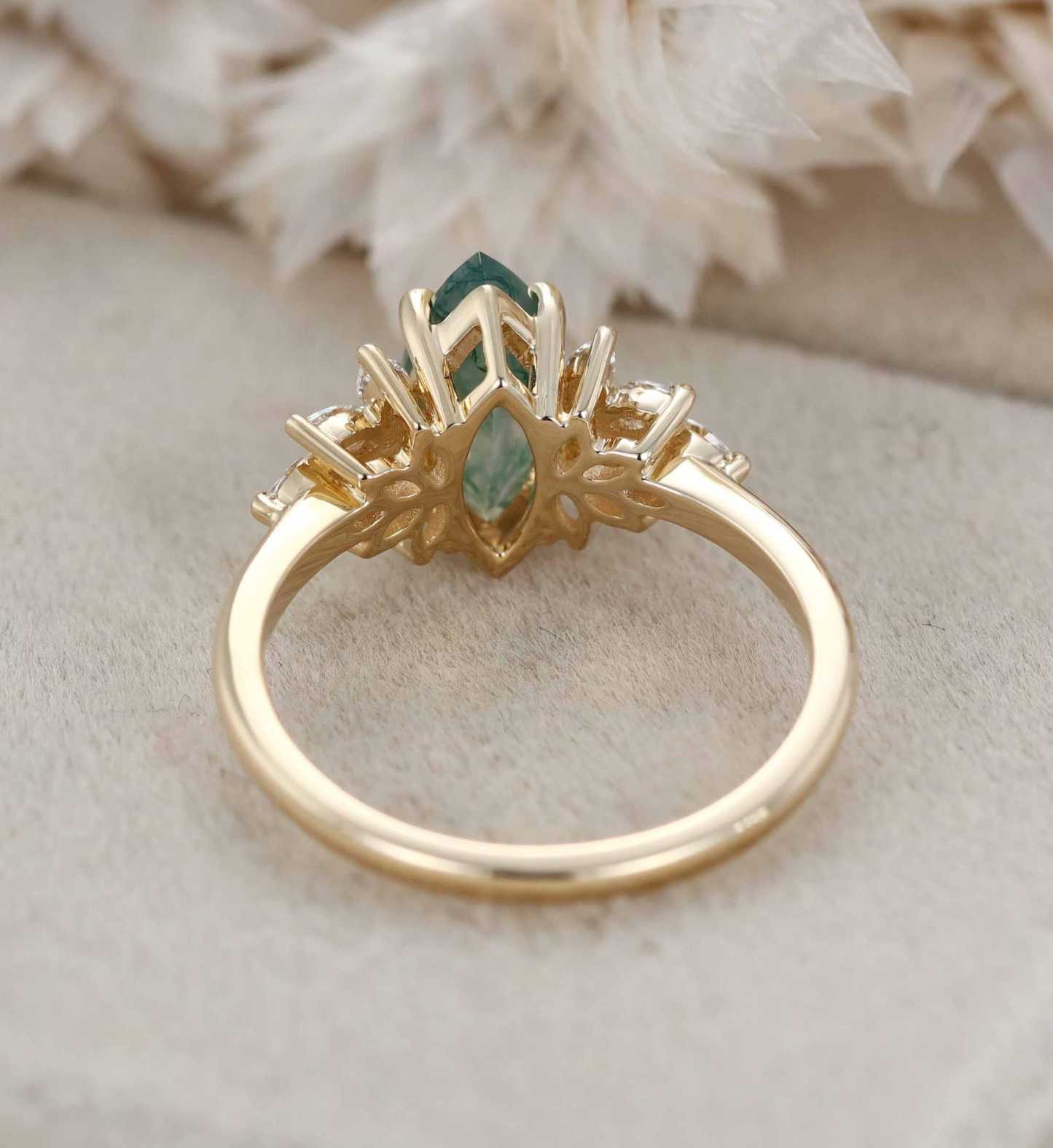Marquise Moss Agate Engagement Ring Vintage Cluster Diamond Engagement Ring Rose Gold Art Deco Ring Bridal Promise Anniversary Gift For Her