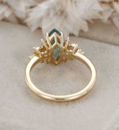 Marquise Moss Agate Engagement Ring Vintage Cluster Diamond Engagement Ring Rose Gold Art Deco Ring Bridal Promise Anniversary Gift For Her