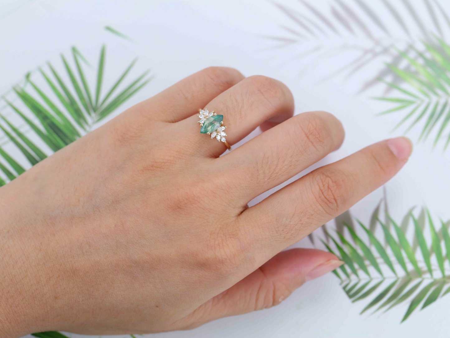 Marquise Moss Agate Engagement Ring Vintage Cluster Diamond Engagement Ring Rose Gold Art Deco Ring Bridal Promise Anniversary Gift For Her
