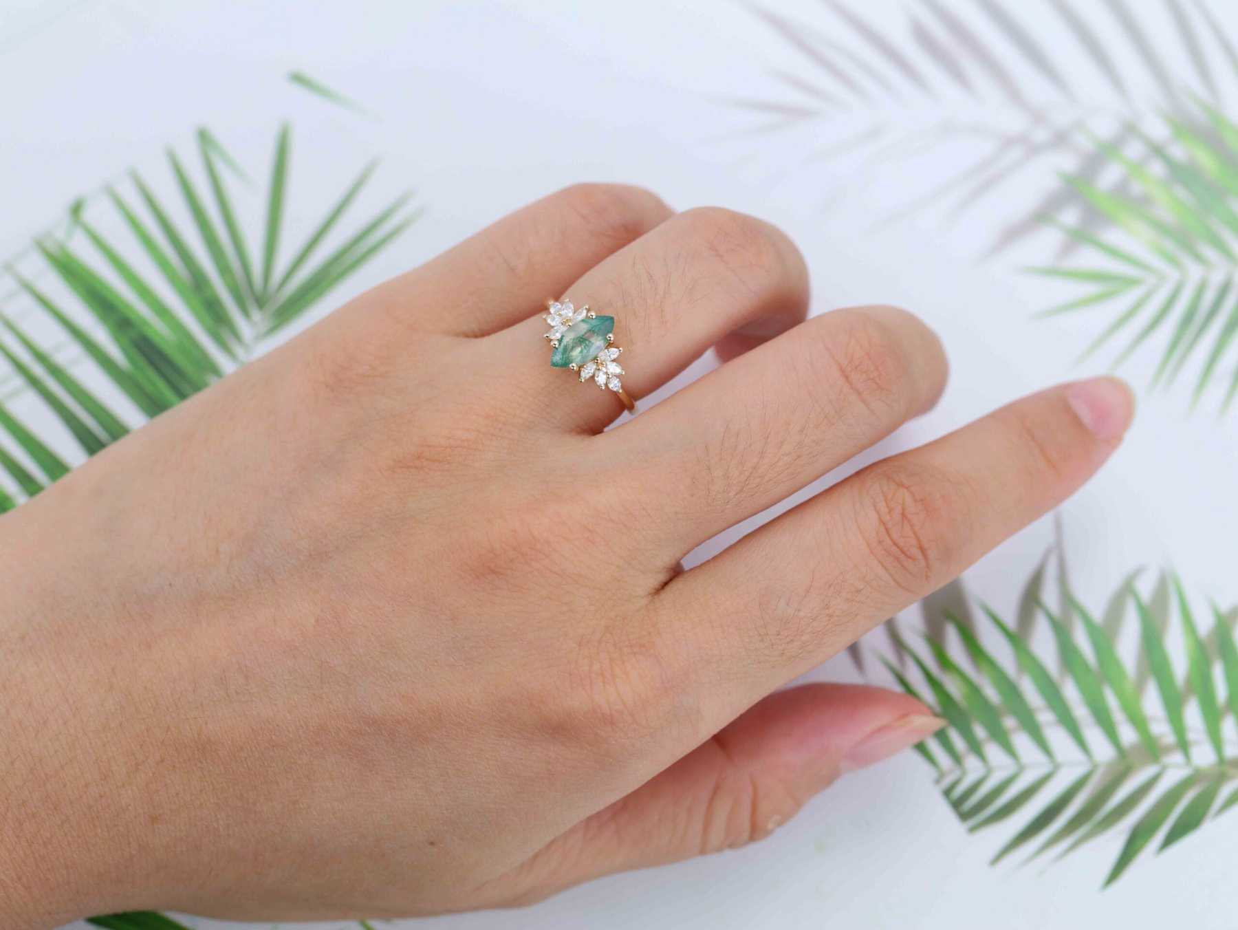 Marquise Moss Agate Engagement Ring Vintage Cluster Diamond Engagement Ring Rose Gold Art Deco Ring Bridal Promise Anniversary Gift For Her