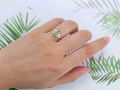 Marquise Moss Agate Engagement Ring Vintage Cluster Diamond Engagement Ring Rose Gold Art Deco Ring Bridal Promise Anniversary Gift For Her