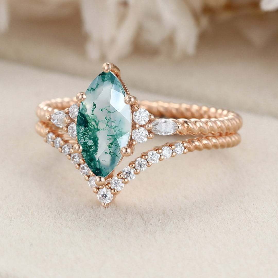 Marquise Natural Moss Agate engagement ring set Unique Rose gold engagement ring Vintage Cluster ring Bridal Promise Anniversary gift