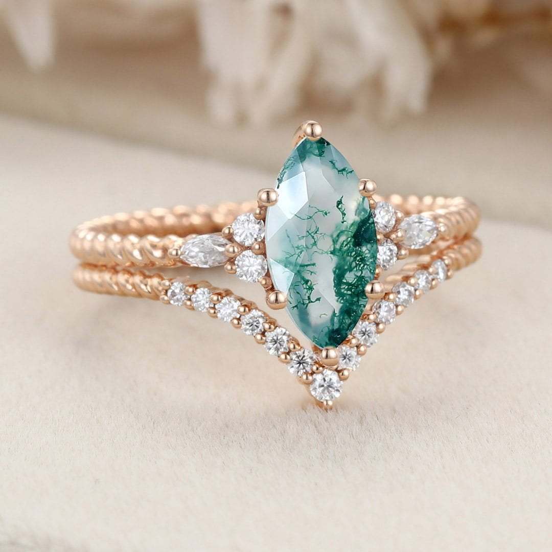 Marquise Natural Moss Agate engagement ring set Unique Rose gold engagement ring Vintage Cluster ring Bridal Promise Anniversary gift