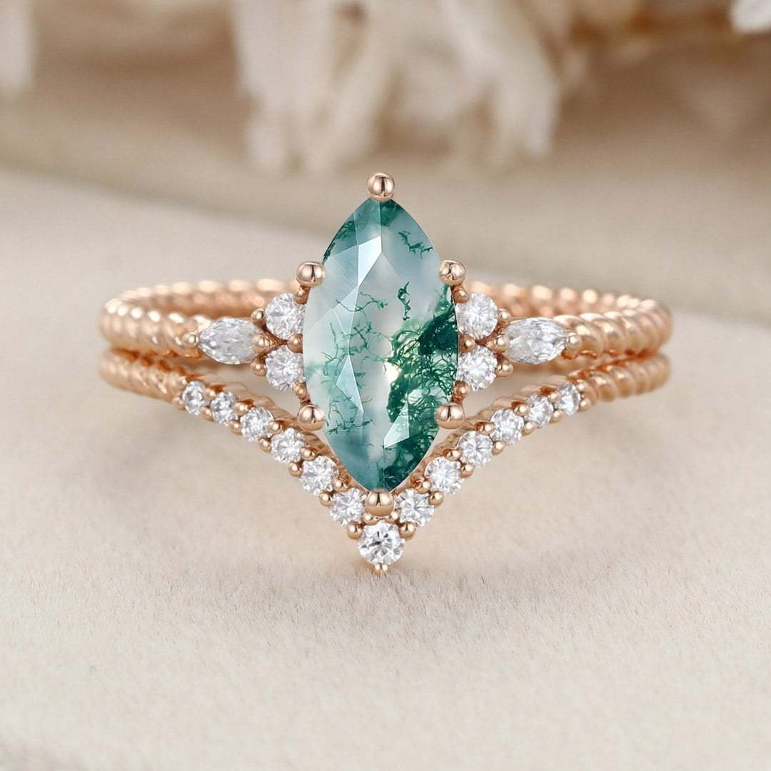 Marquise Natural Moss Agate engagement ring set Unique Rose gold engagement ring Vintage Cluster ring Bridal Promise Anniversary gift