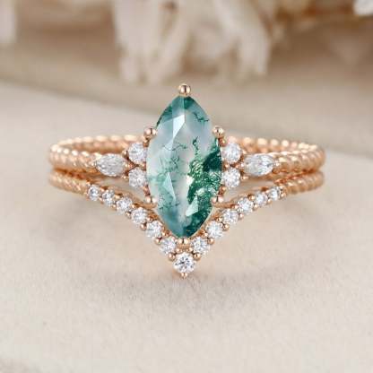Marquise Natural Moss Agate engagement ring set Unique Rose gold engagement ring Vintage Cluster ring Bridal Promise Anniversary gift