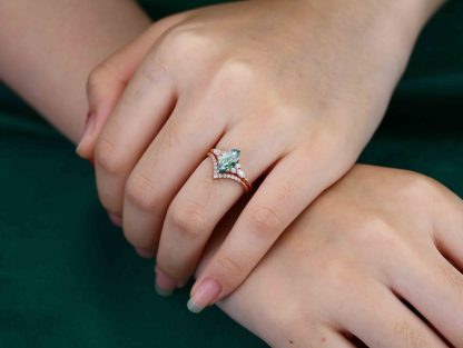 Marquise Natural Moss Agate engagement ring set Unique Rose gold engagement ring Vintage Cluster ring Bridal Promise Anniversary gift