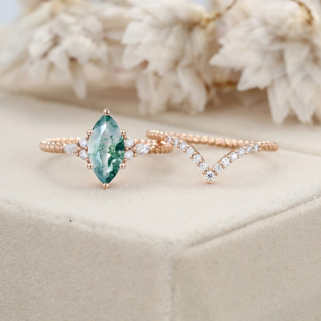 Marquise Natural Moss Agate engagement ring set Unique Rose gold engagement ring Vintage Cluster ring Bridal Promise Anniversary gift