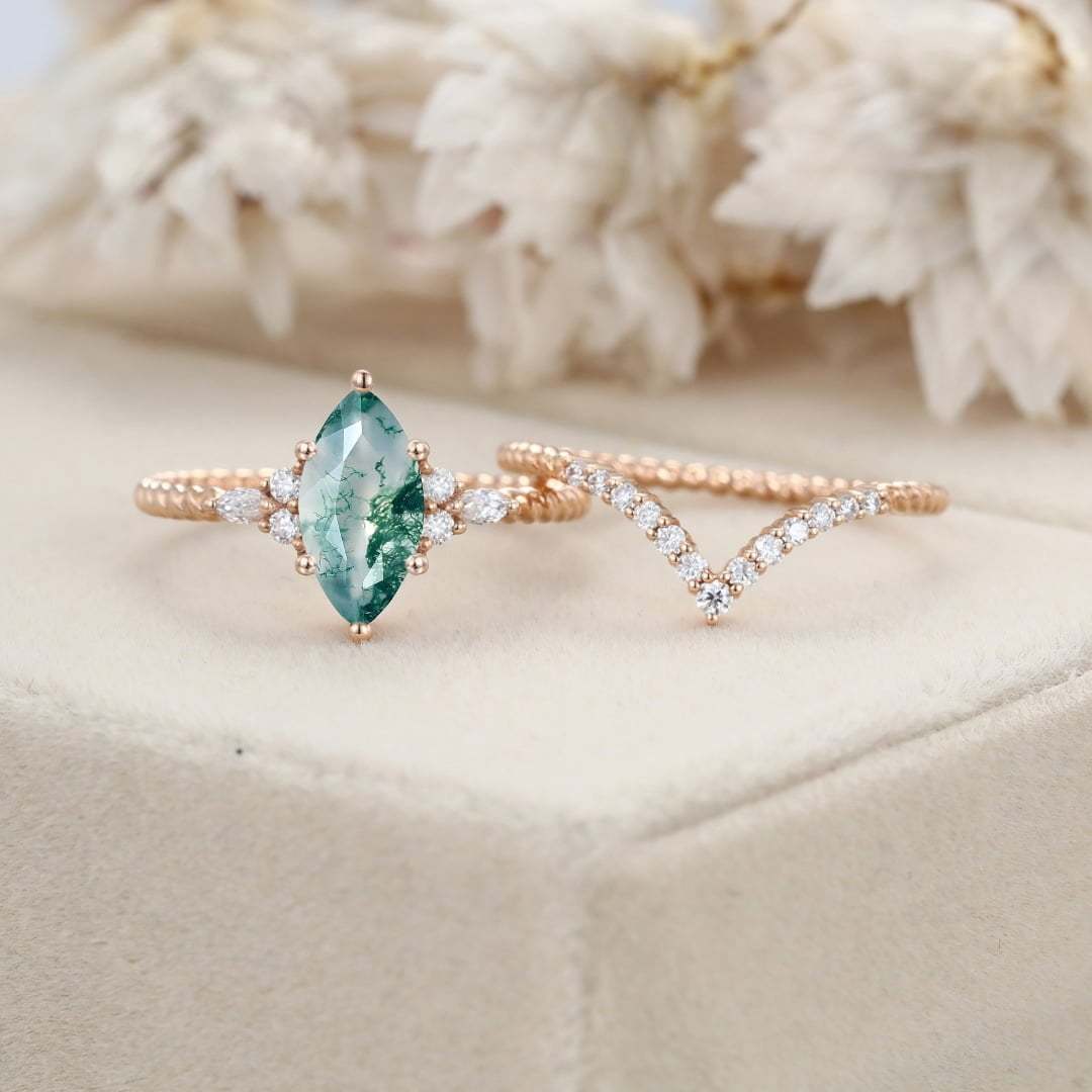 Marquise Natural Moss Agate engagement ring set Unique Rose gold engagement ring Vintage Cluster ring Bridal Promise Anniversary gift