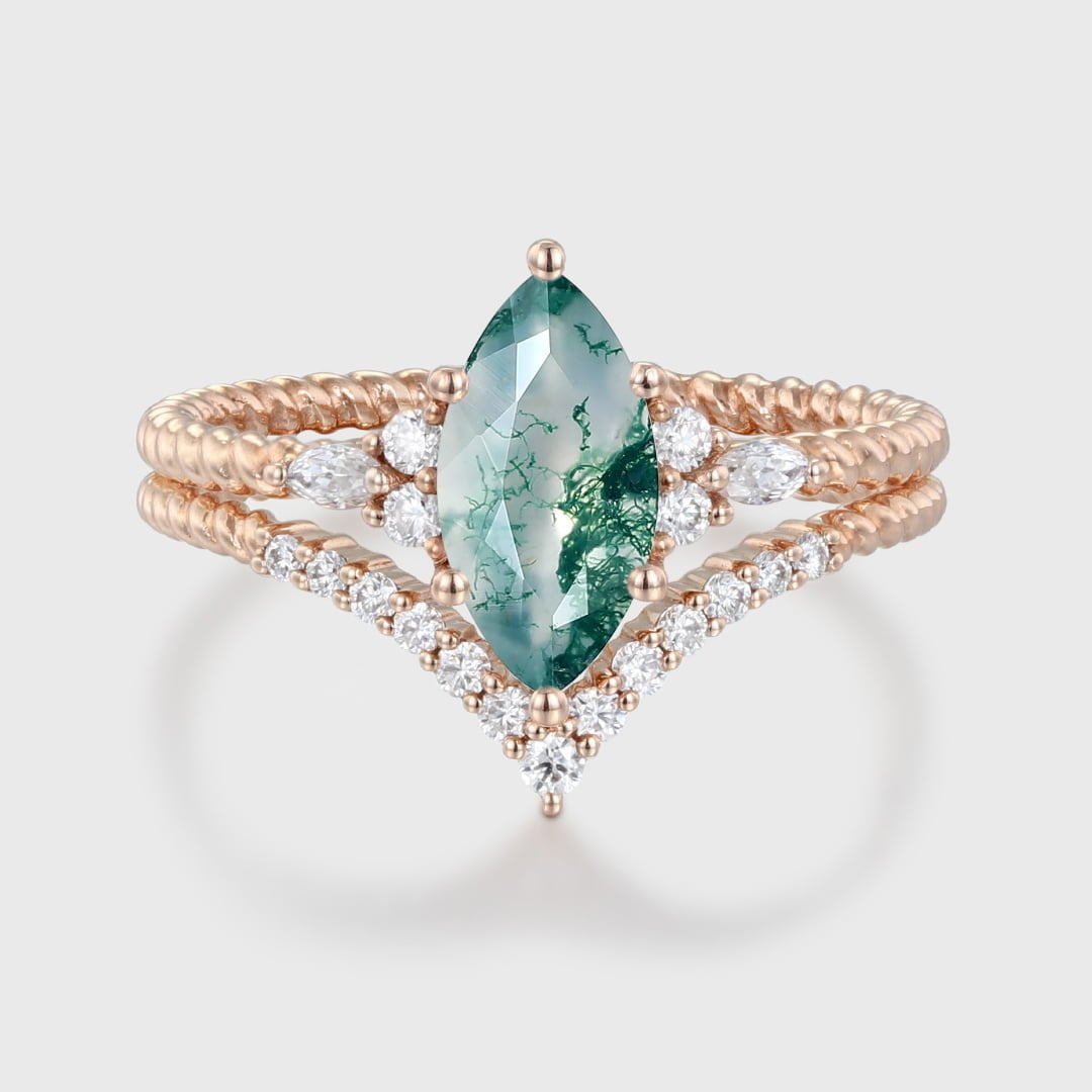 Marquise Natural Moss Agate engagement ring set Unique Rose gold engagement ring Vintage Cluster ring Bridal Promise Anniversary gift