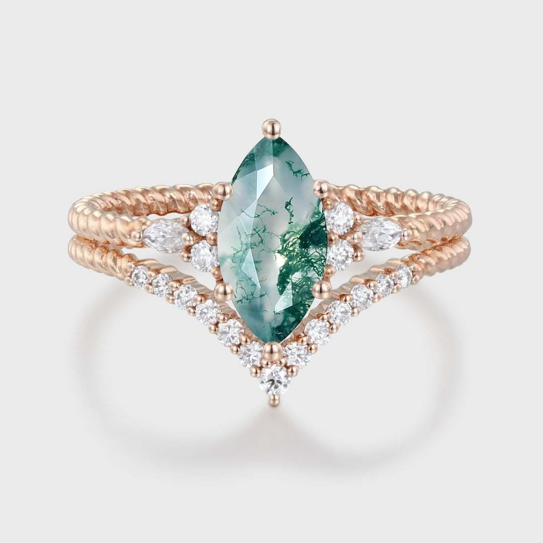 Marquise Natural Moss Agate engagement ring set Unique Rose gold engagement ring Vintage Cluster ring Bridal Promise Anniversary gift