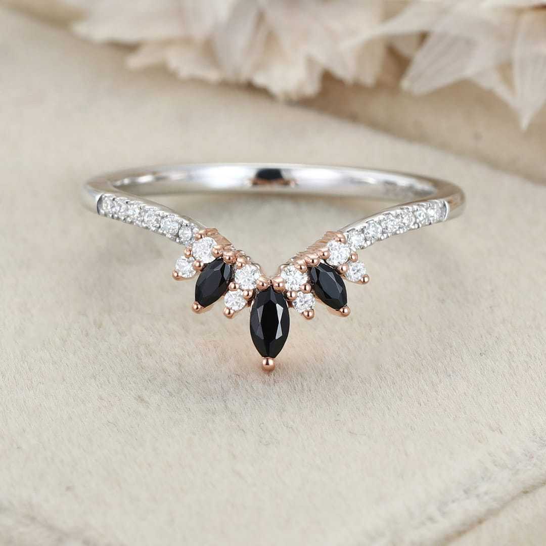 Marquise black onyx wedding band Vintage white gold Curved moissanite wedding ring Unique stacking Bridal promise Anniversary gift for her