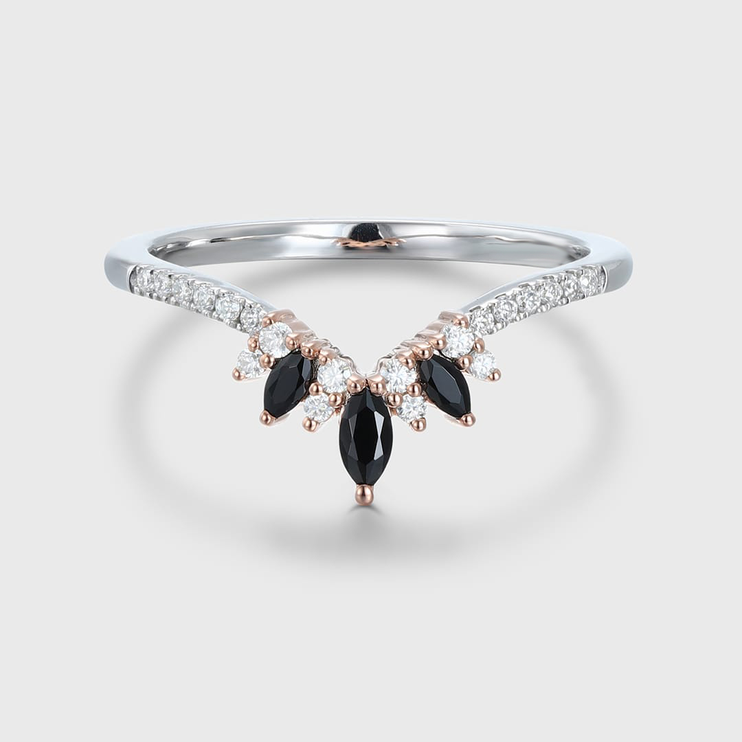 Marquise Black Onyx Wedding Band – Vintage White Gold Curved Moissanite Ring for Women