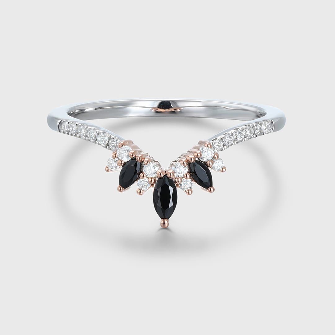 Marquise Black Onyx Wedding Band – Vintage White Gold Curved Moissanite Ring for Women