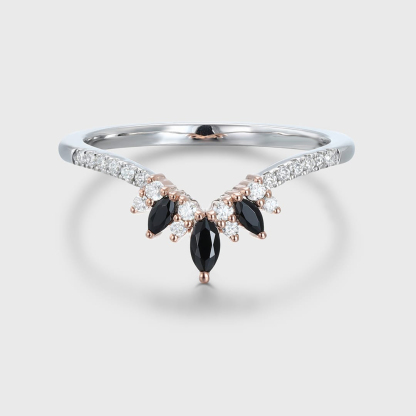 Marquise Black Onyx Wedding Band – Vintage White Gold Curved Moissanite Ring for Women