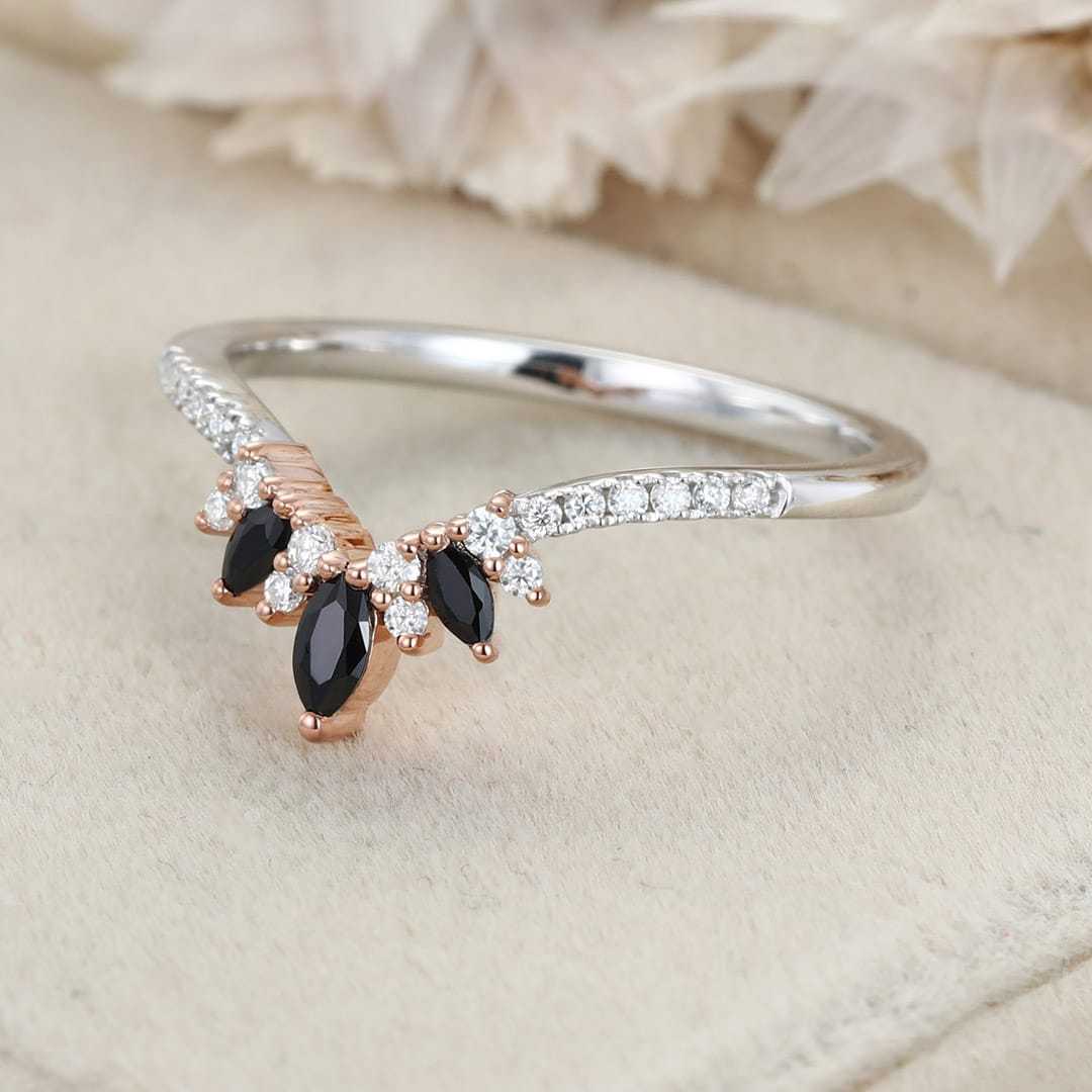 Marquise black onyx wedding band Vintage white gold Curved moissanite wedding ring Unique stacking Bridal promise Anniversary gift for her